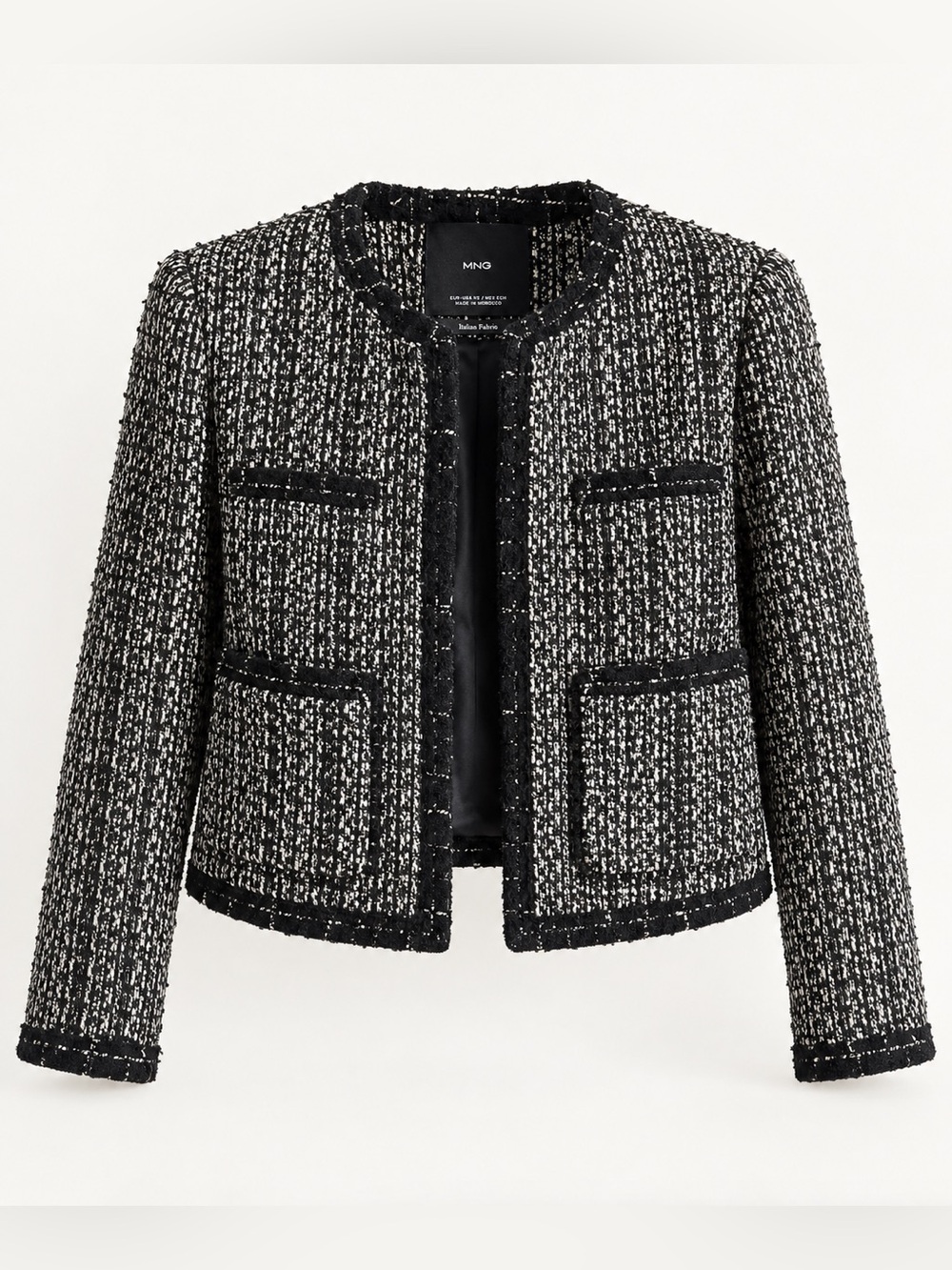 Mango Black and White Tweed Collarless Blazer